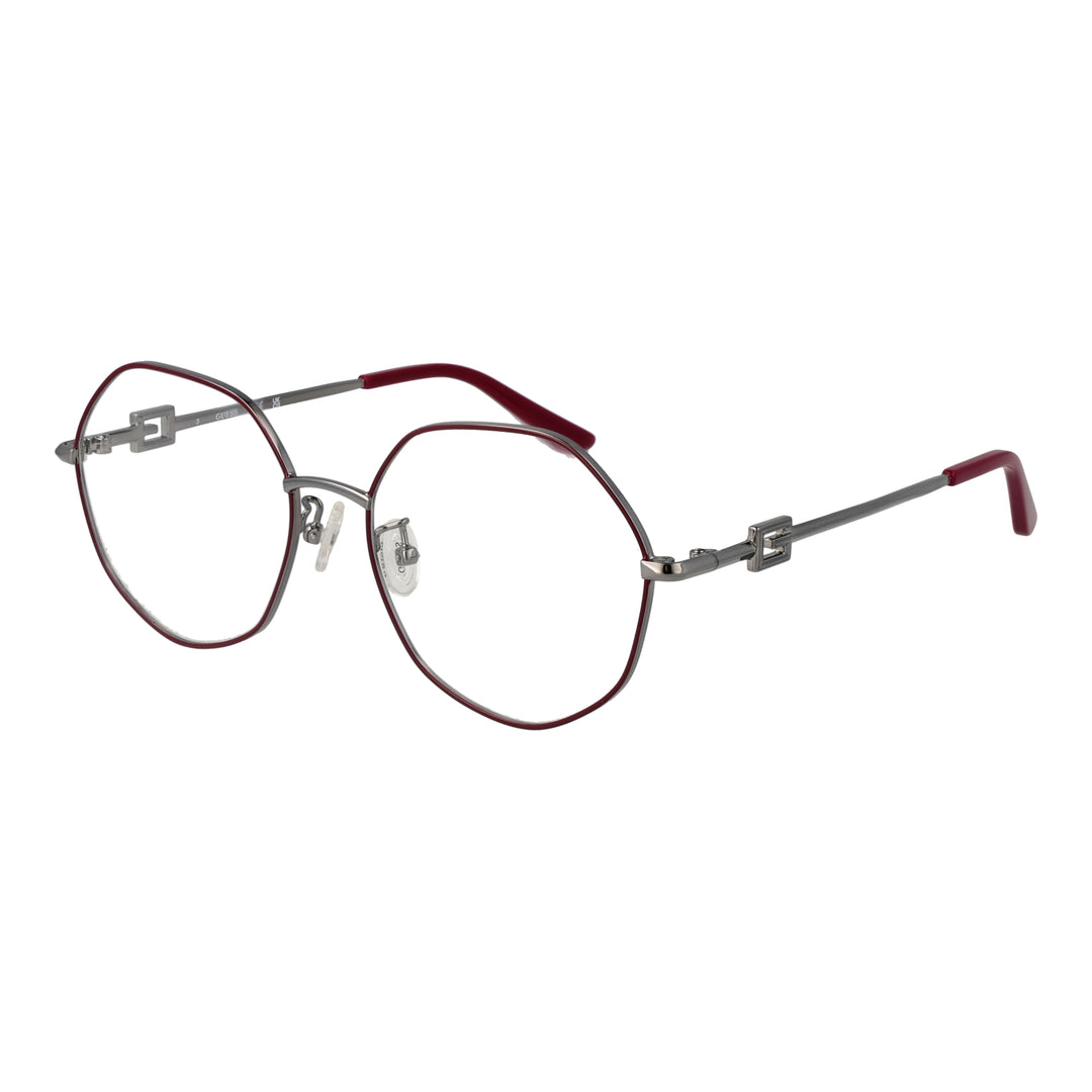 Unisex silver octagonal metal eyeglasses with red temple accents and adjustable nose pads