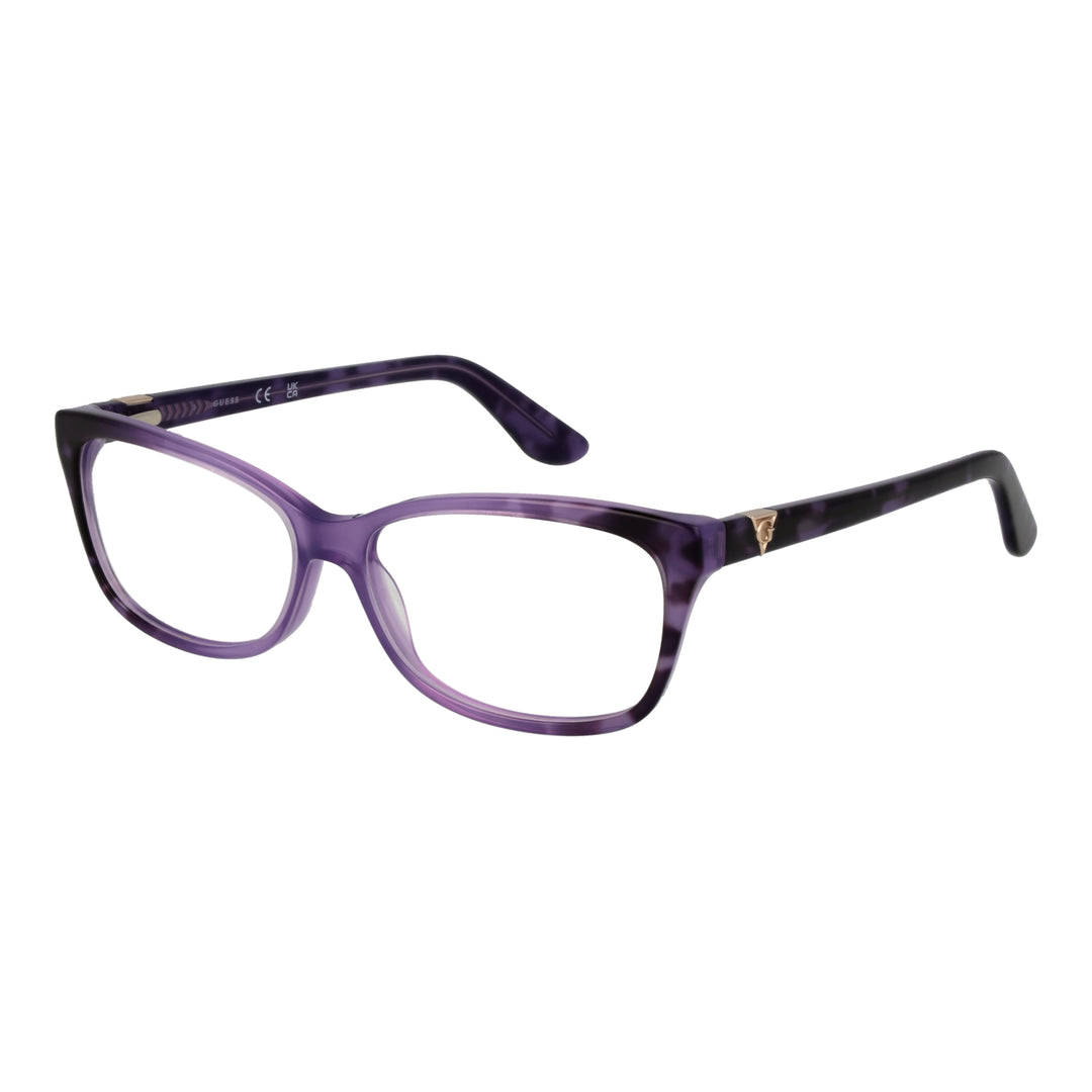 Purple tortoiseshell rectangular eyeglasses in plastic with gold temple accents on neutral background