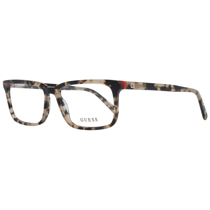 Unisex tortoiseshell rectangular eyeglasses in brown beige black with red temple accent and Guess &