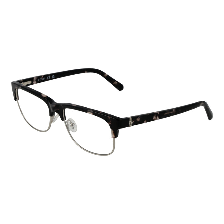 Unisex black and beige tortoiseshell semi-rim eyeglasses with rectangular lenses and metal nose pads