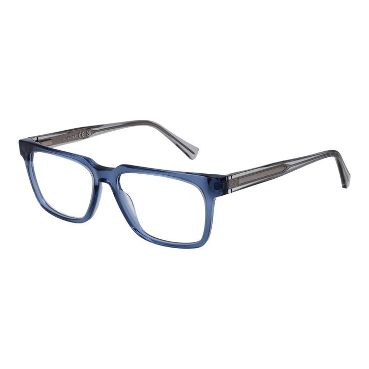 Unisex transparent blue-gray full-rim rectangular eyeglasses with decorative temple arms against neutral background