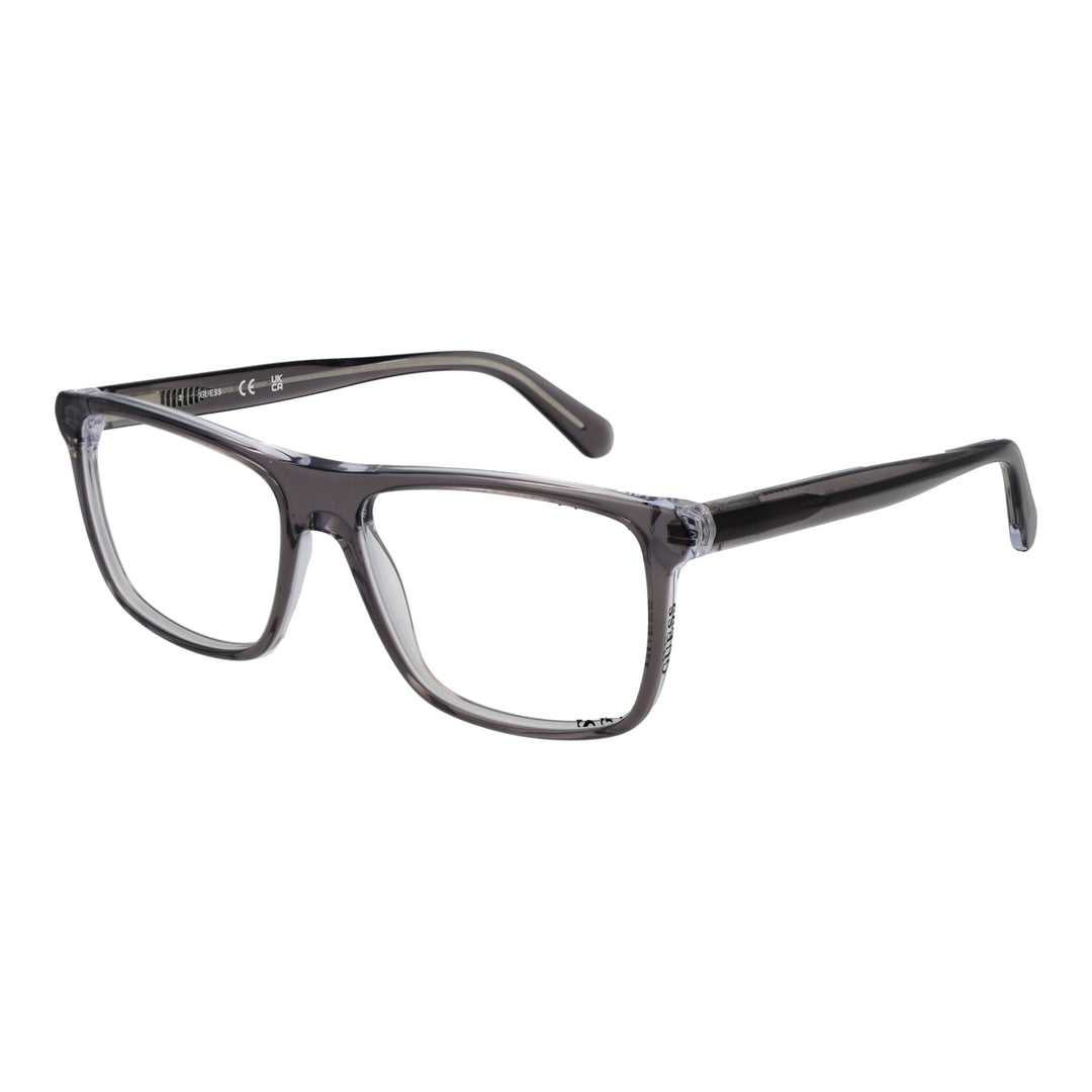 Unisex transparent gray plastic eyeglasses with rectangular lenses and modern full-rim frame on white