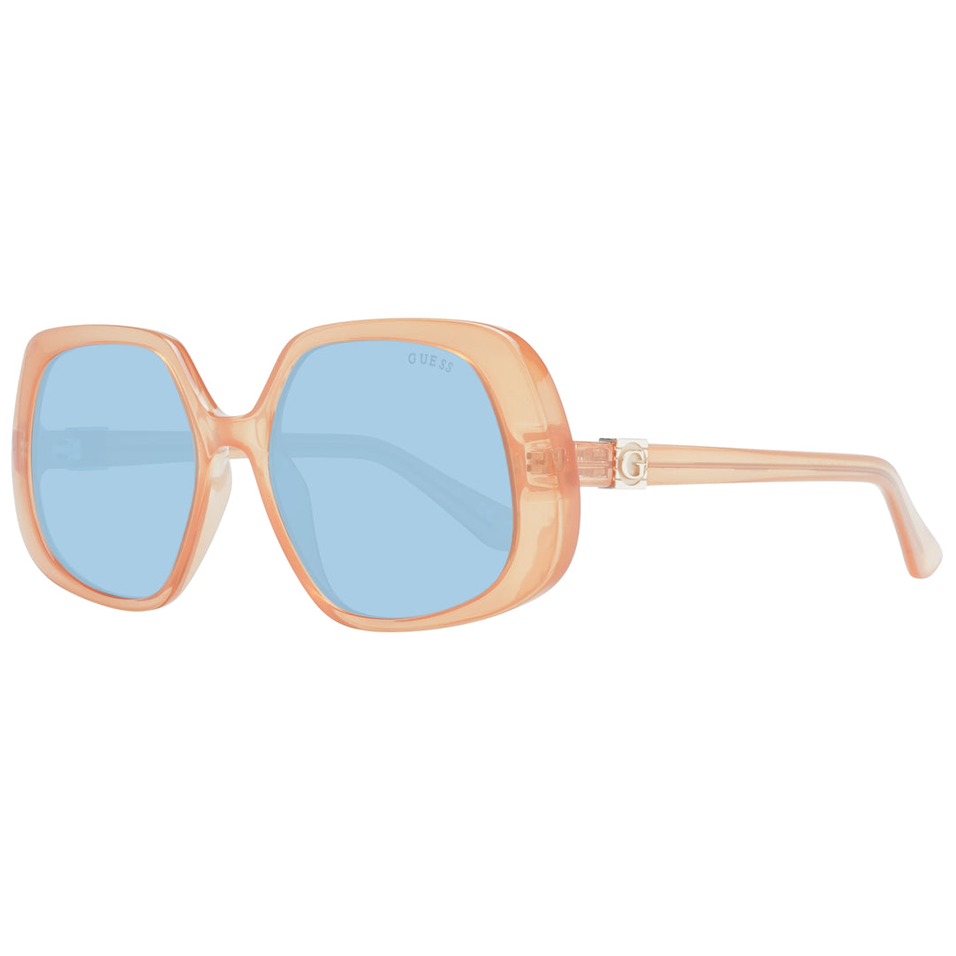 Transparent peach and blue square sunglasses on white background with metal &