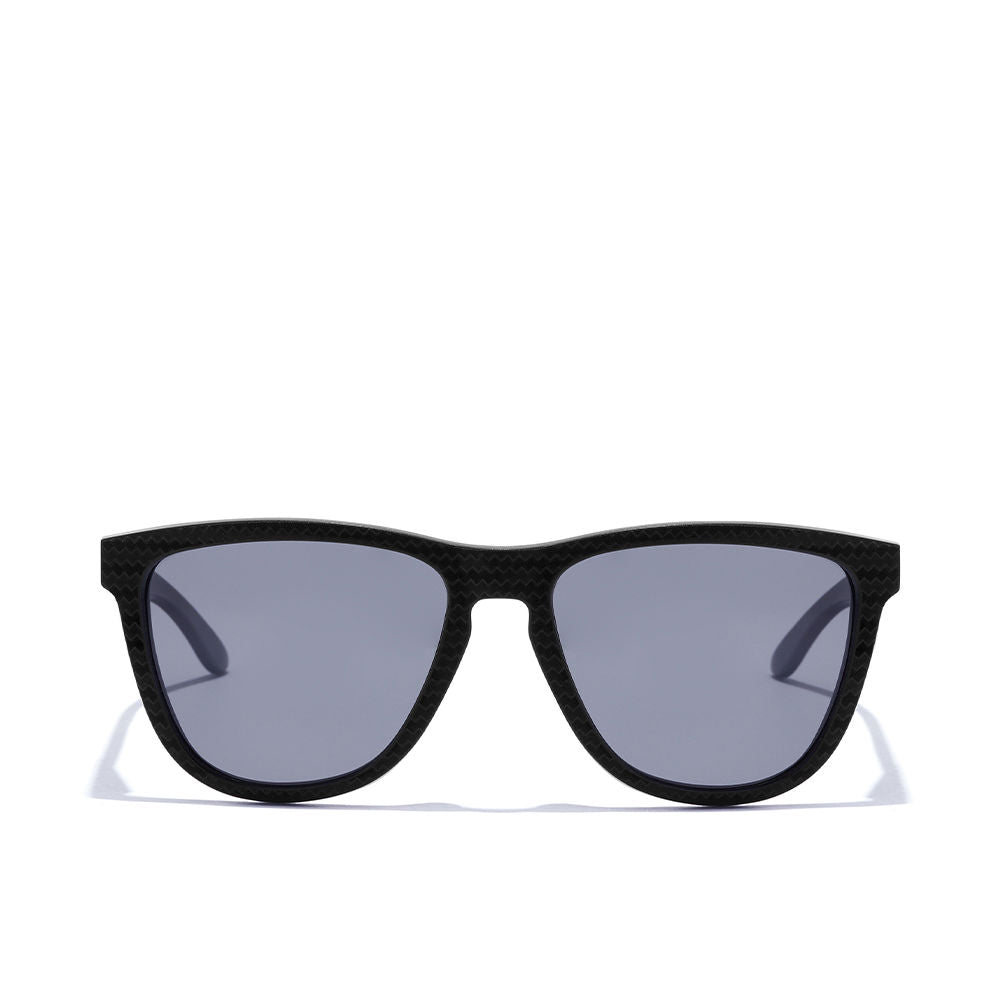 Square black TR90 sunglasses with diagonal graphite sheen and blue chrome polarised lenses