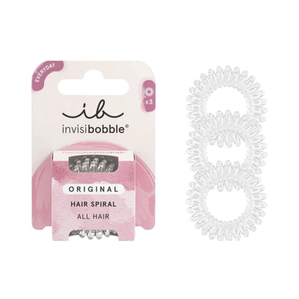 Three clear spiral hair ties packaged as a trio, coiled design visible