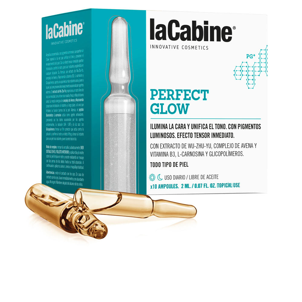 Small 2 ml glass ampoule with shimmering pearlescent serum, labelled glow ampoule for Women