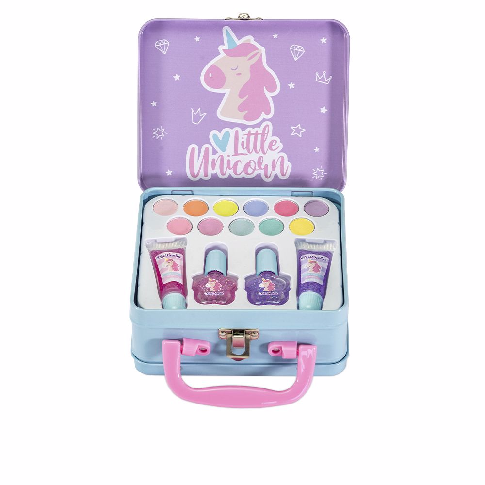 Metal unicorn tin open showing 11 eye shadows, 2 nail polishes and 2 lip colours
