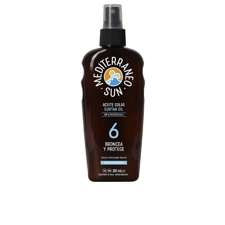 Mediterraneo Sun Dark brown plastic suntan oil bottle with black and blue accents, curved shape and spray nozzle
