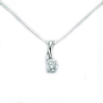 Delicate white gold pendant necklace featuring single round diamond on fine chain, polished bezel setting.