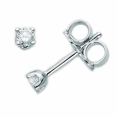 Pair of white metal diamond stud earrings with round diamonds and butterfly backs on neutral background