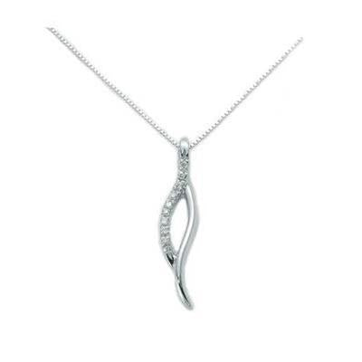 Delicate sterling silver curved pendant on fine chain, embedded clear crystals catch light