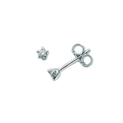 Pair of silver stud earrings each set with a single clear faceted crystal and butterfly backs