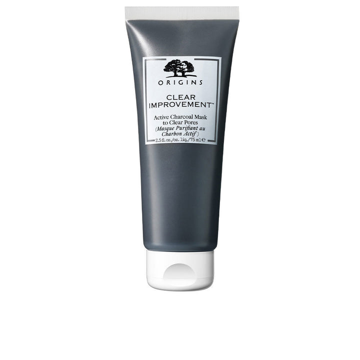 Tube of charcoal clay face mask, 75 ml, dark grey paste visible inside