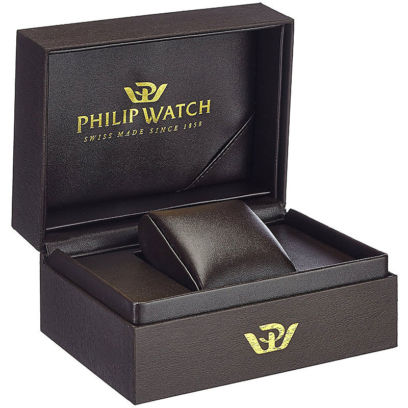 Silver stainless steel diver watch with black dial, rotating bezel, and sapphire crystal face