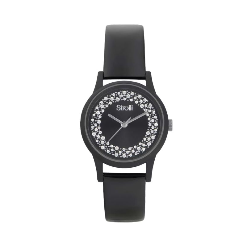 Stroili Black Leather Dress Watch: elegant black wristwatch on leather strap with round crystal-embellished dial, slim hands