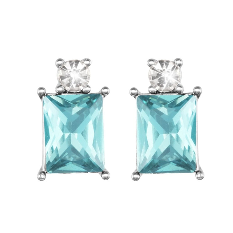Stroili Blue Gem Stud Earrings: close-up of silver stud earrings with rectangular blue stones and small round clear gems