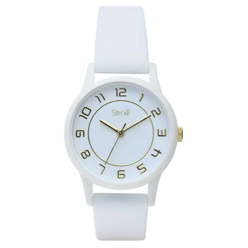 Stroili Gold Marked Dress Watch: white minimalist watch face with numbered dial and gold hour markers and hands on display