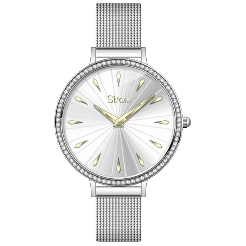 Stroili Silver Mesh Bracelet Watch: women's watch with mesh bracelet and crystal‑studded bezel