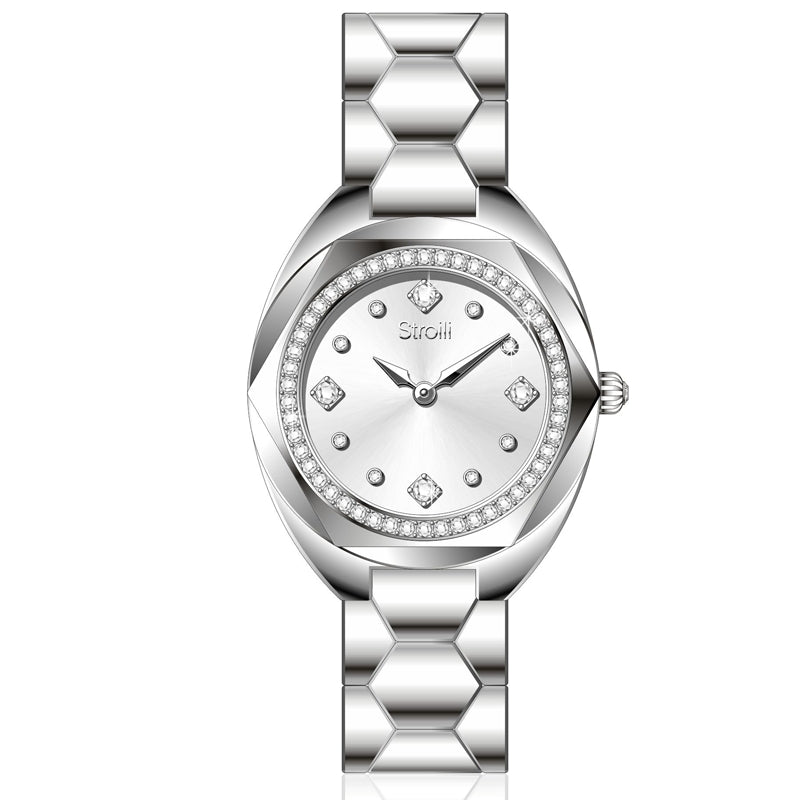 Silver stainless steel wrist watch with crystal-studded bezel and bracelet, analog dial for Women